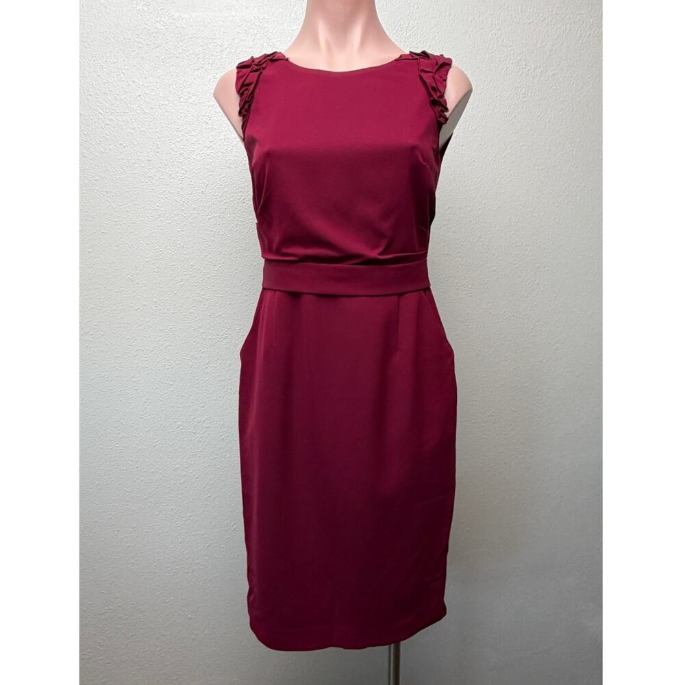 Elie Tahari Burgundy Ruffle Shoulder Sleeveless Sheath Dress Women's US 0